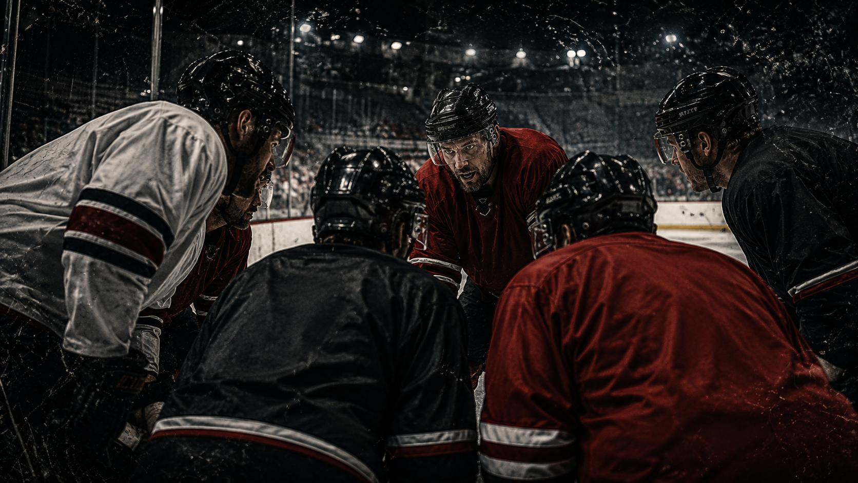 Players in a huddle on the ice